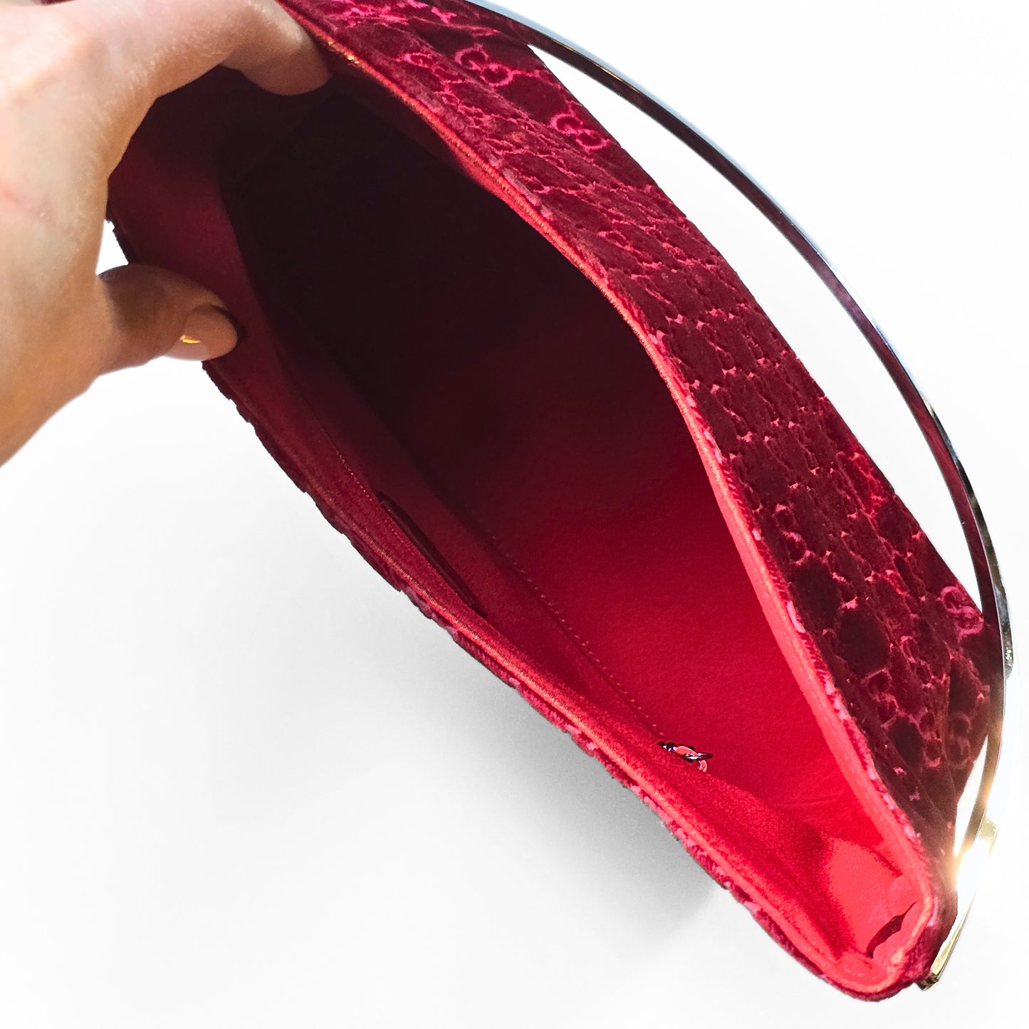 Gucci by Tom Ford 1997 Red Velvet GG Monogram Chrome Metal Handle