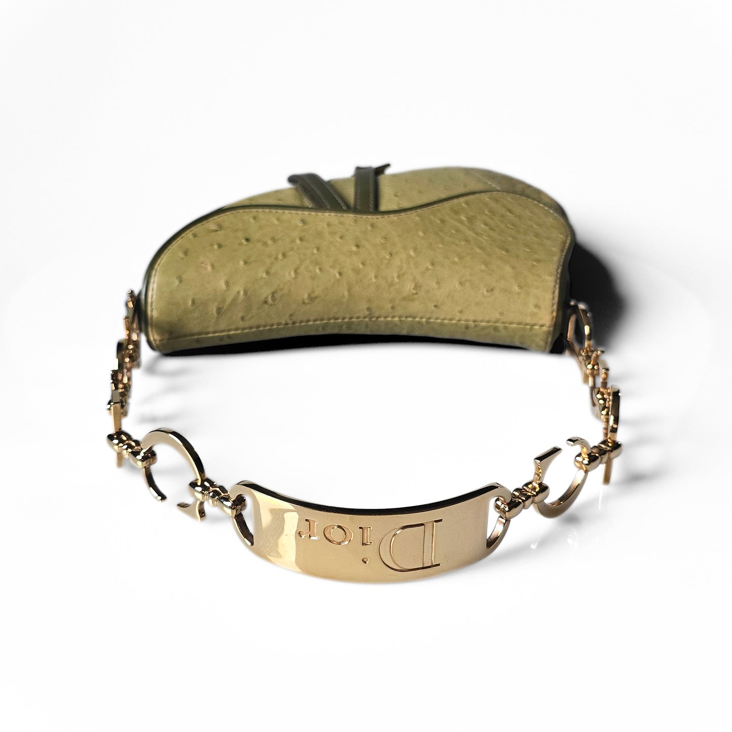 Dior Saddle Bag Green Ostrich Leather C&D Chain Strap Small
