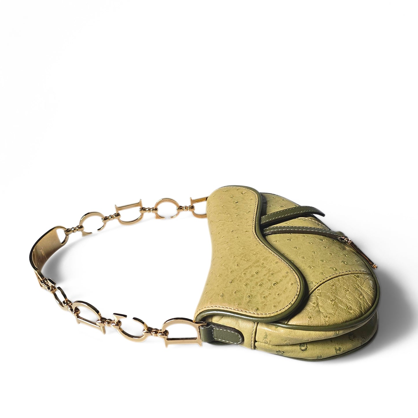 Dior Saddle Bag Green Ostrich Leather C&D Chain Strap Small
