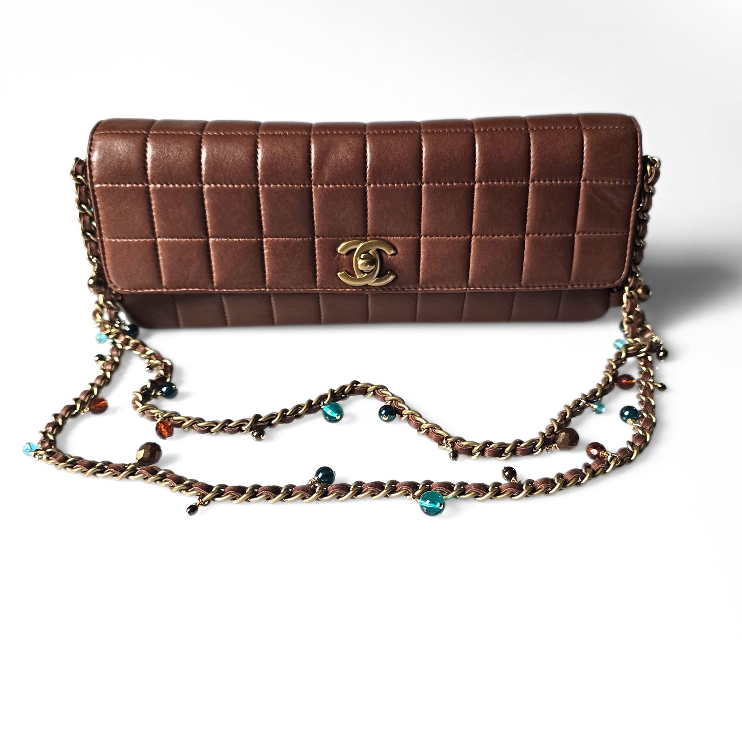 Chanel Chocolate Bar Single Flap Bag Rare Beaded Embellished Chain Strap