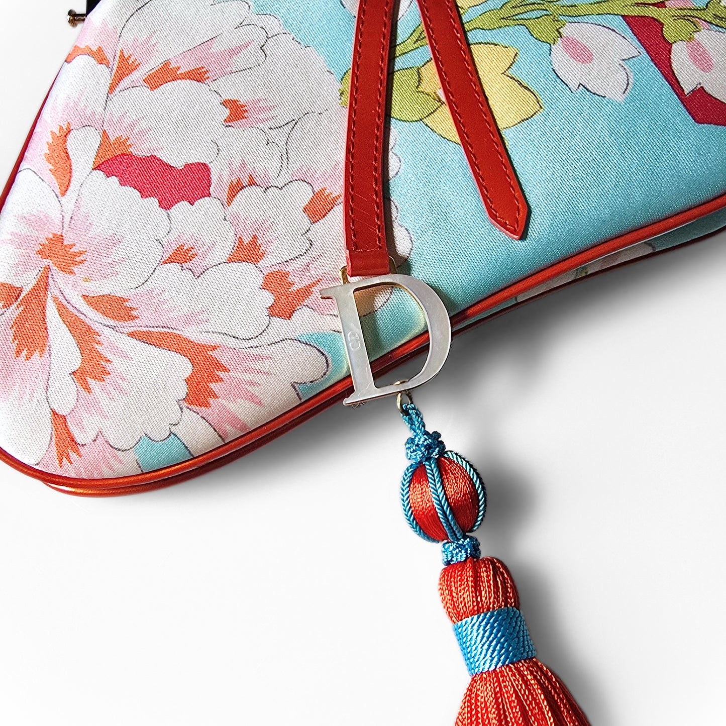 Dior Limited Edition 2003 Runway Floral Print Silk Mini Frame Saddle Bag Front Tassel Detail