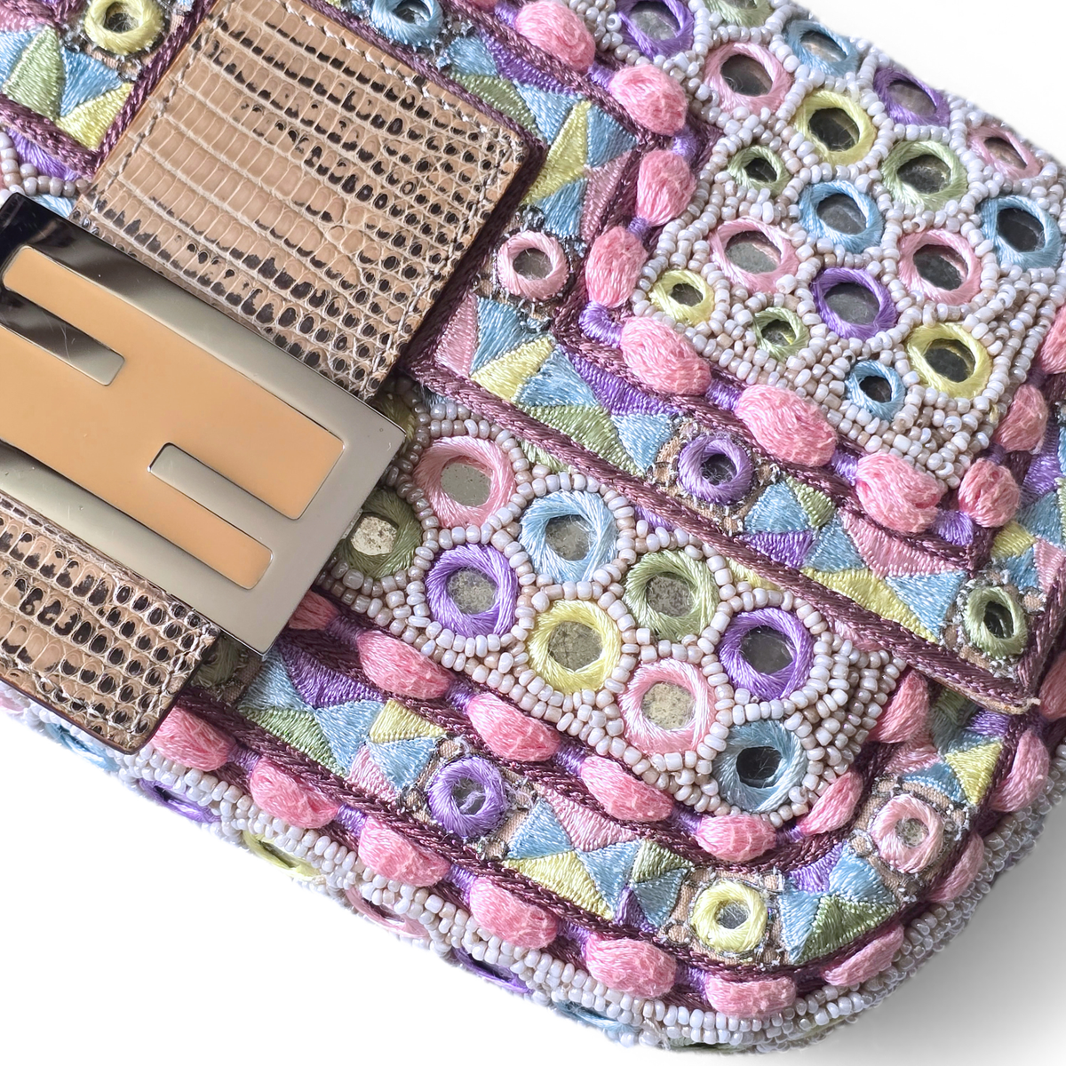 Fendi Baguette Pastels Mirror Embroidered Beaded Lizard Leather Trim