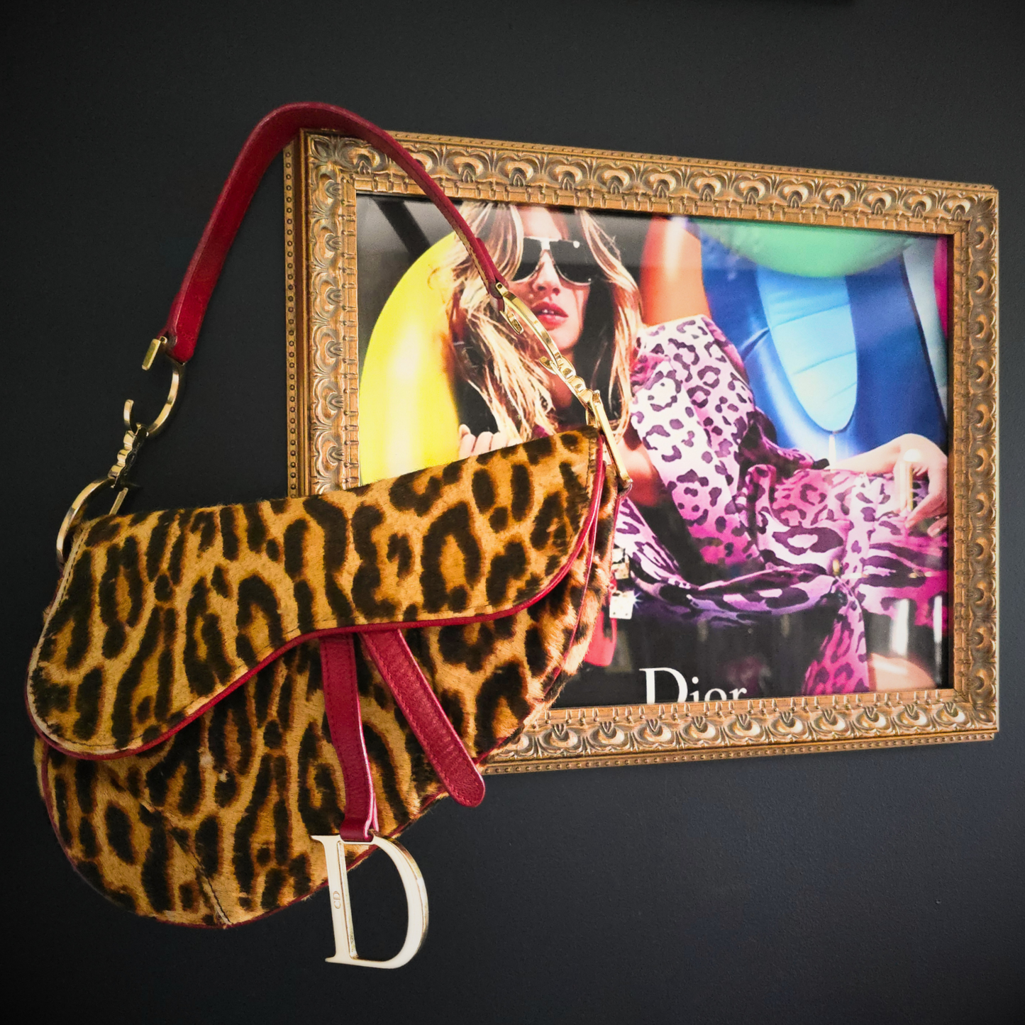 Dior Saddle Bag Leopard Pony-Hair Red Leather Detail