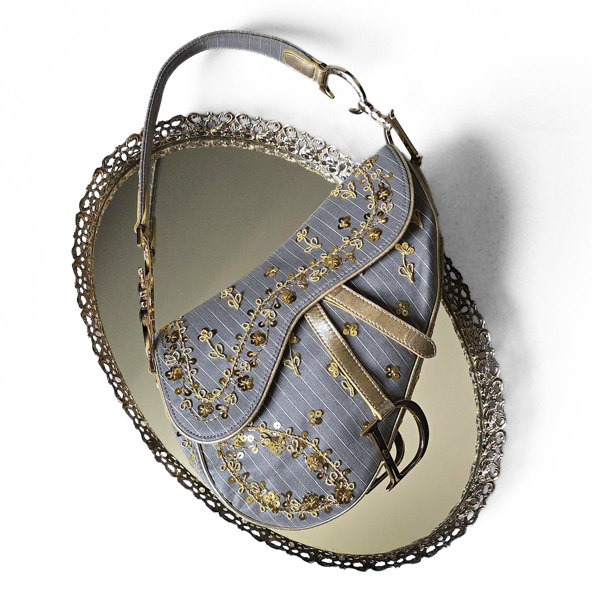 Dior Saddle Bag Limited Edition Pinstripe Sequin Embroidered