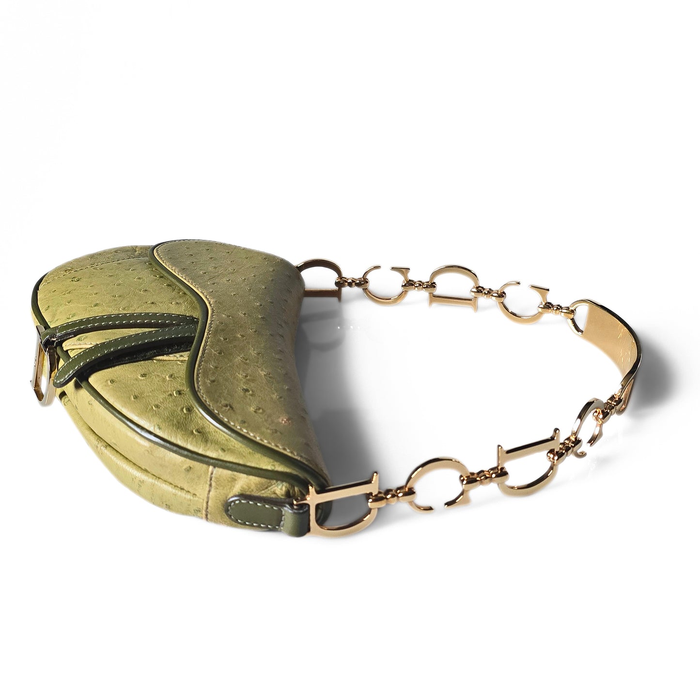 Dior Saddle Bag Green Ostrich Leather C&D Chain Strap Small
