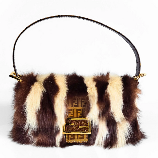 Fendi Baguette Genuine Skunk Fur Zucchino Trim Gold Glitter HW
