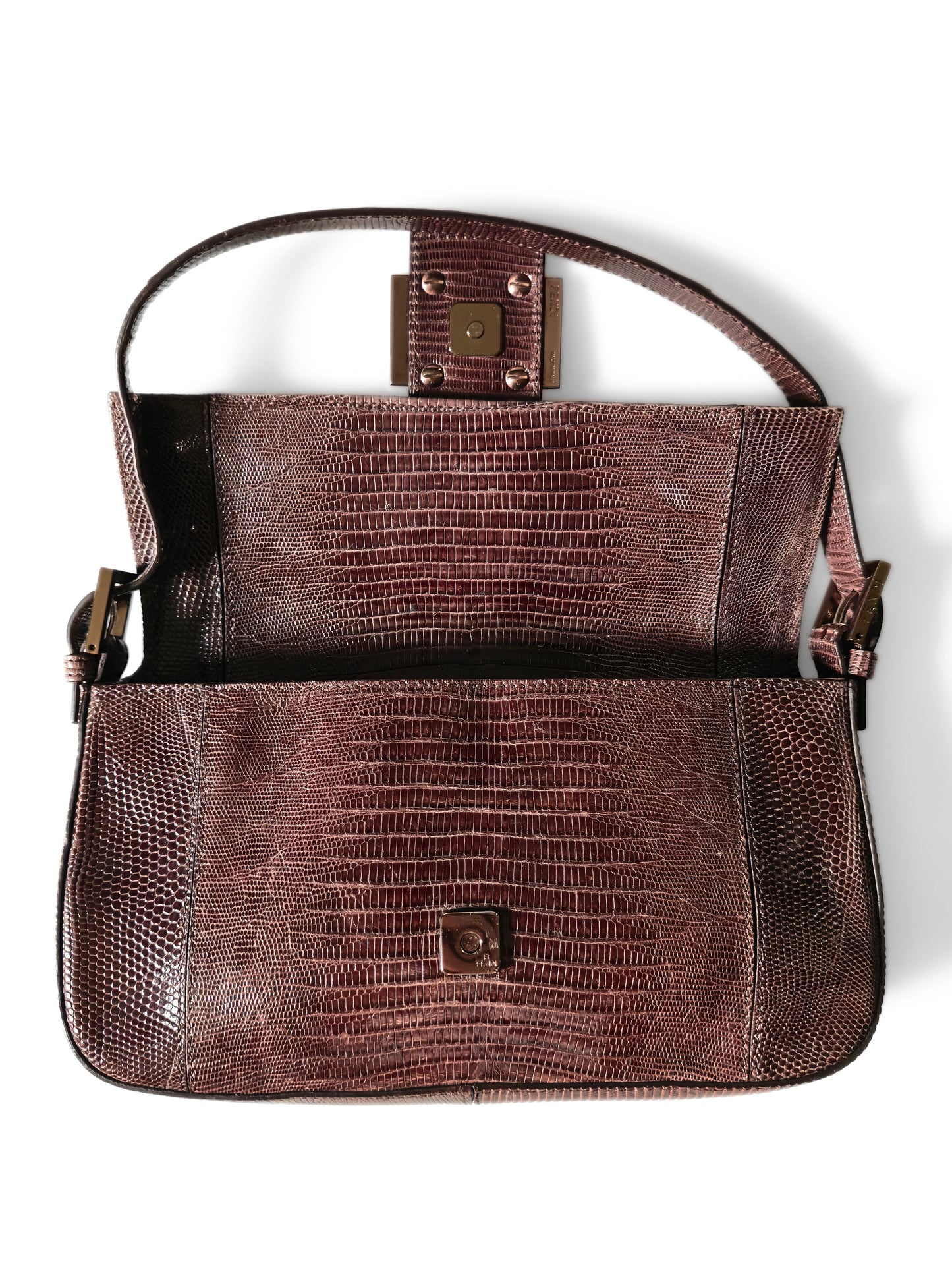 Fendi Baguette Deep Brown Lizard Leather with Lilac Crystal Buckle