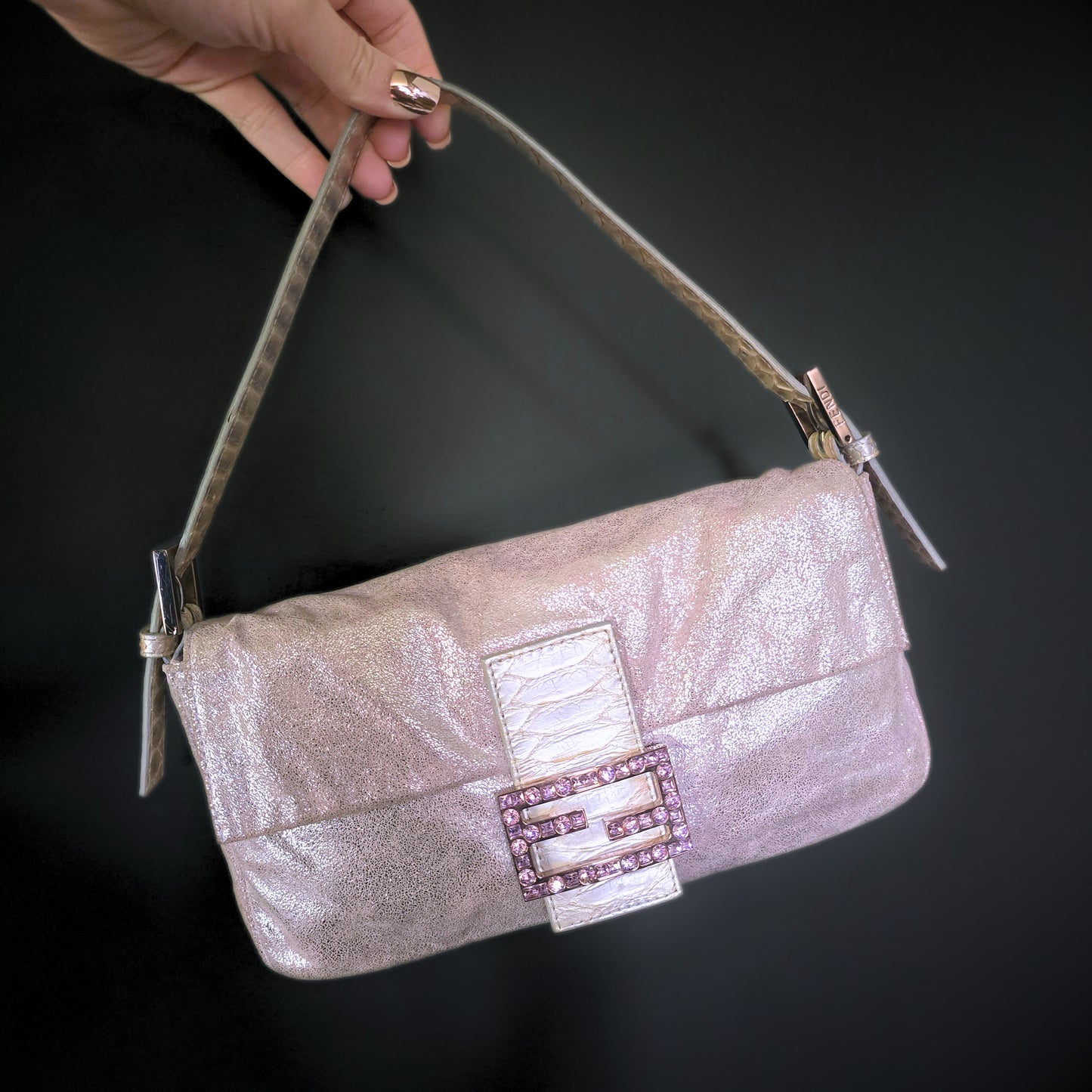 Fendi Baguette Lavender Silver Shimmer Lilac Rhinestone Buckle