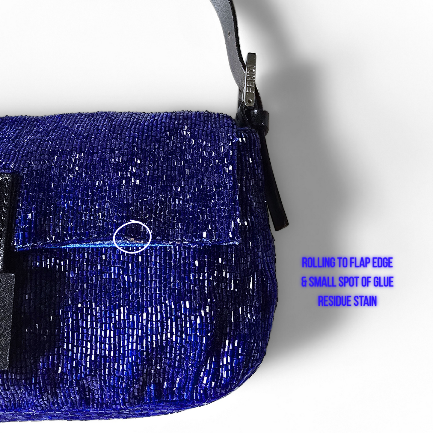 Fendi Baguette Beaded Sapphire Blue Black Leather Detail