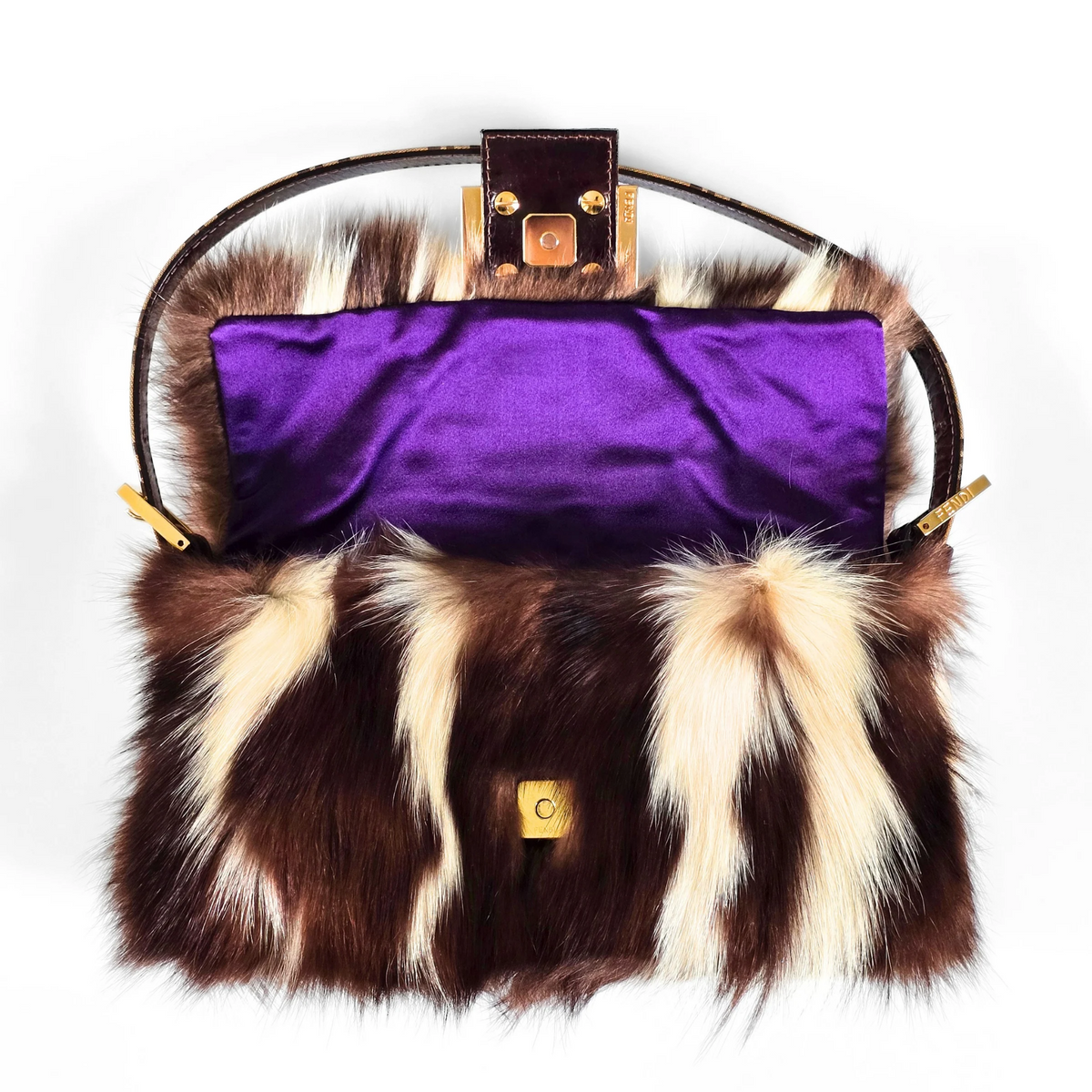 Fendi Baguette Genuine Skunk Fur Zucchino Trim Gold Glitter HW