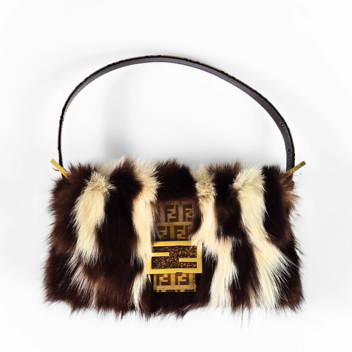 Fendi Baguette Genuine Skunk Fur Zucchino Trim Gold Glitter HW