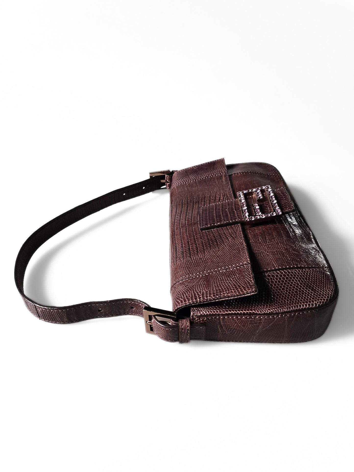 Fendi Baguette Deep Brown Lizard Leather with Lilac Crystal Buckle