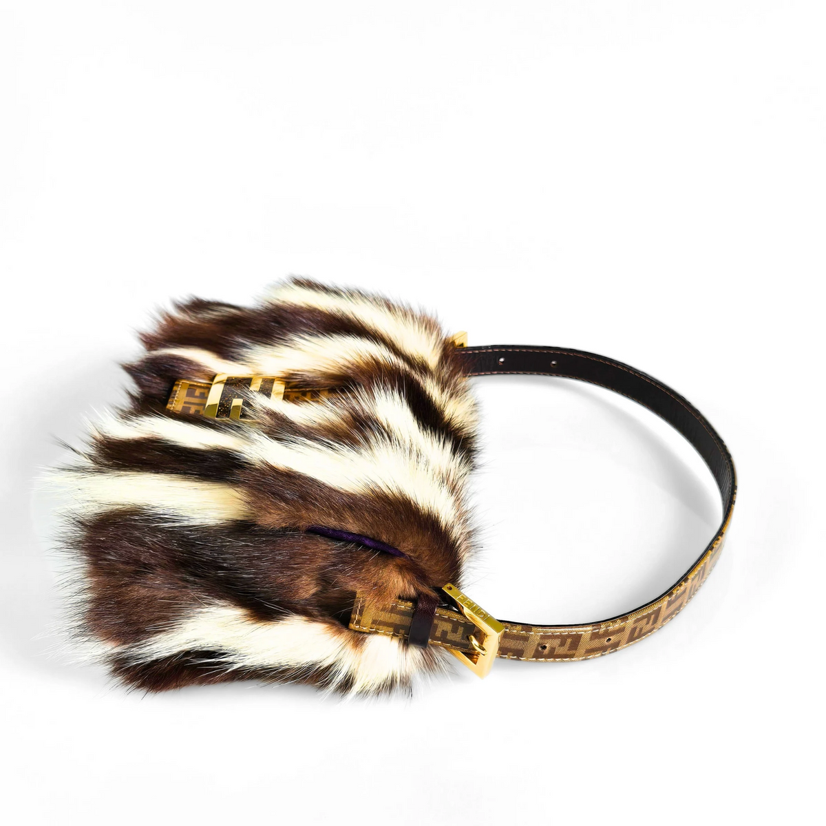 Fendi Baguette Genuine Skunk Fur Zucchino Trim Gold Glitter HW