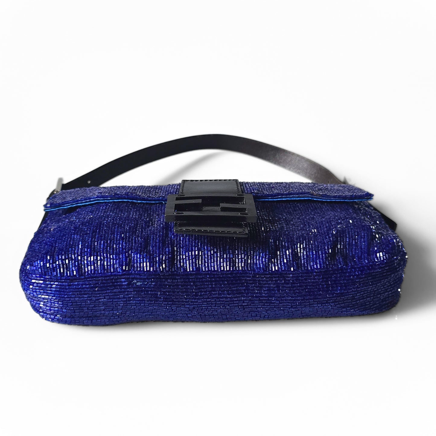 Fendi Baguette Beaded Sapphire Blue Black Leather Detail