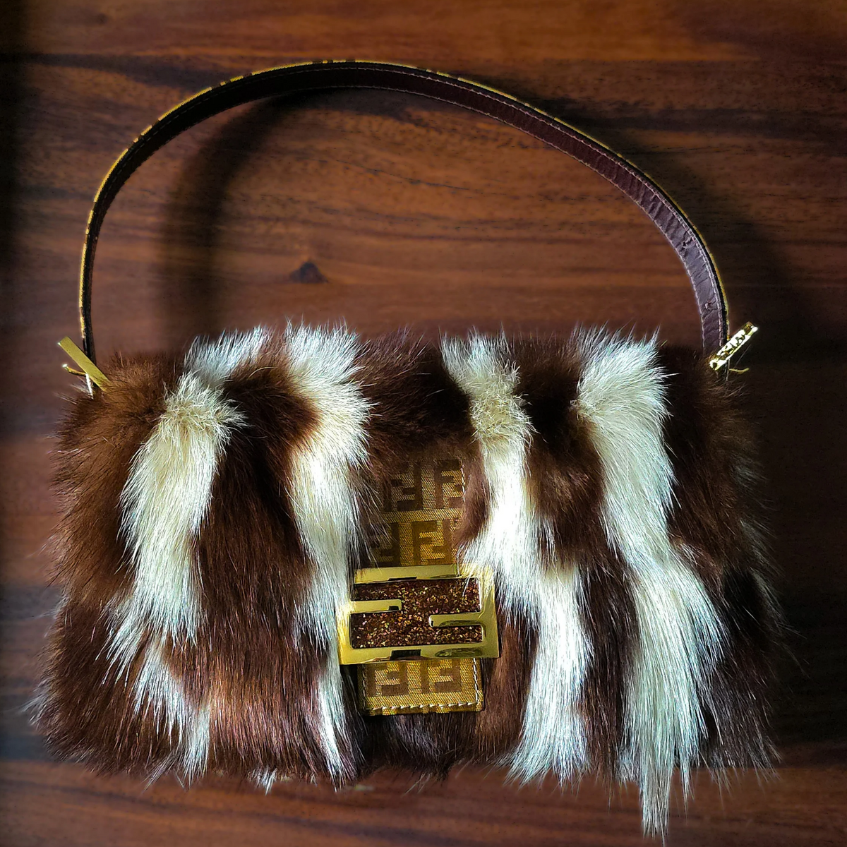 Fendi Baguette Genuine Skunk Fur Zucchino Trim Gold Glitter HW