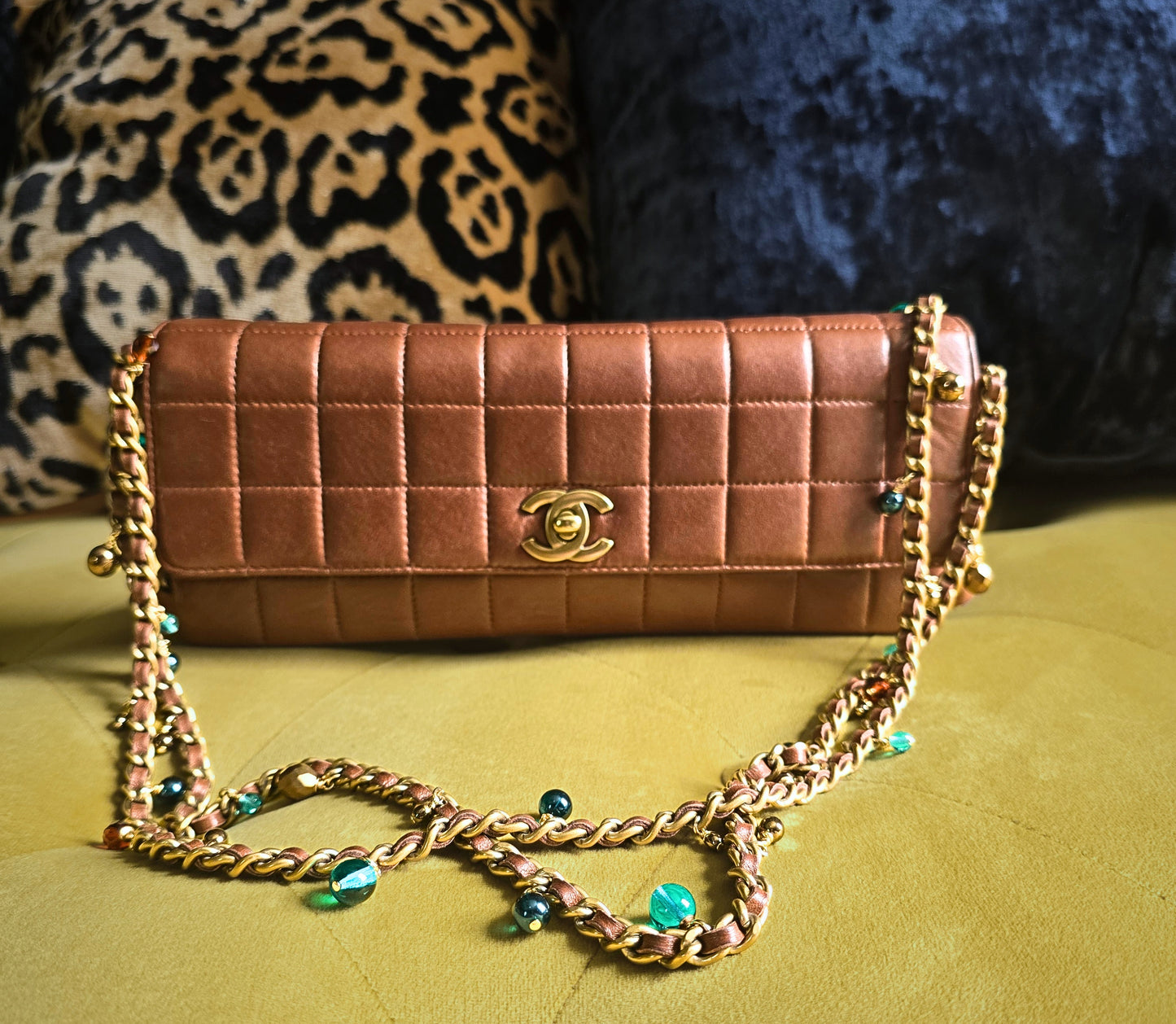 Chanel Chocolate Bar Single Flap Bag Rare Beaded Embellished Chain Strap