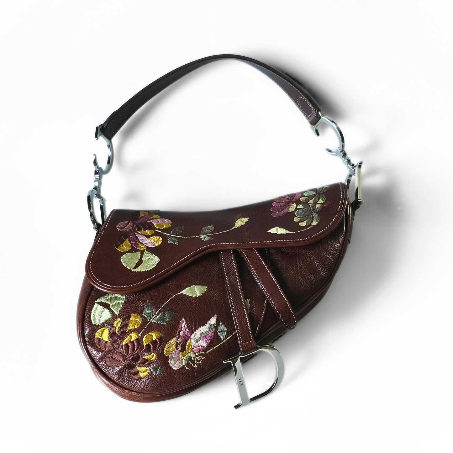 Dior Saddle Bag Floral Butterfly Embroidery Brown Leather
