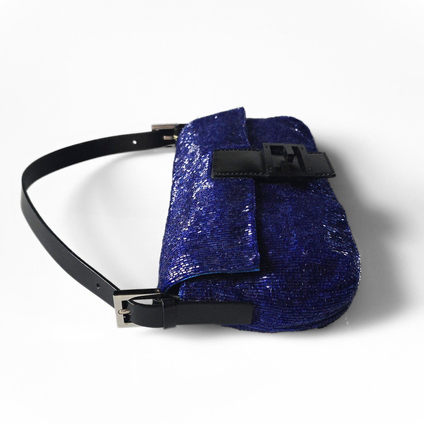 Fendi Baguette Beaded Sapphire Blue Black Leather Detail