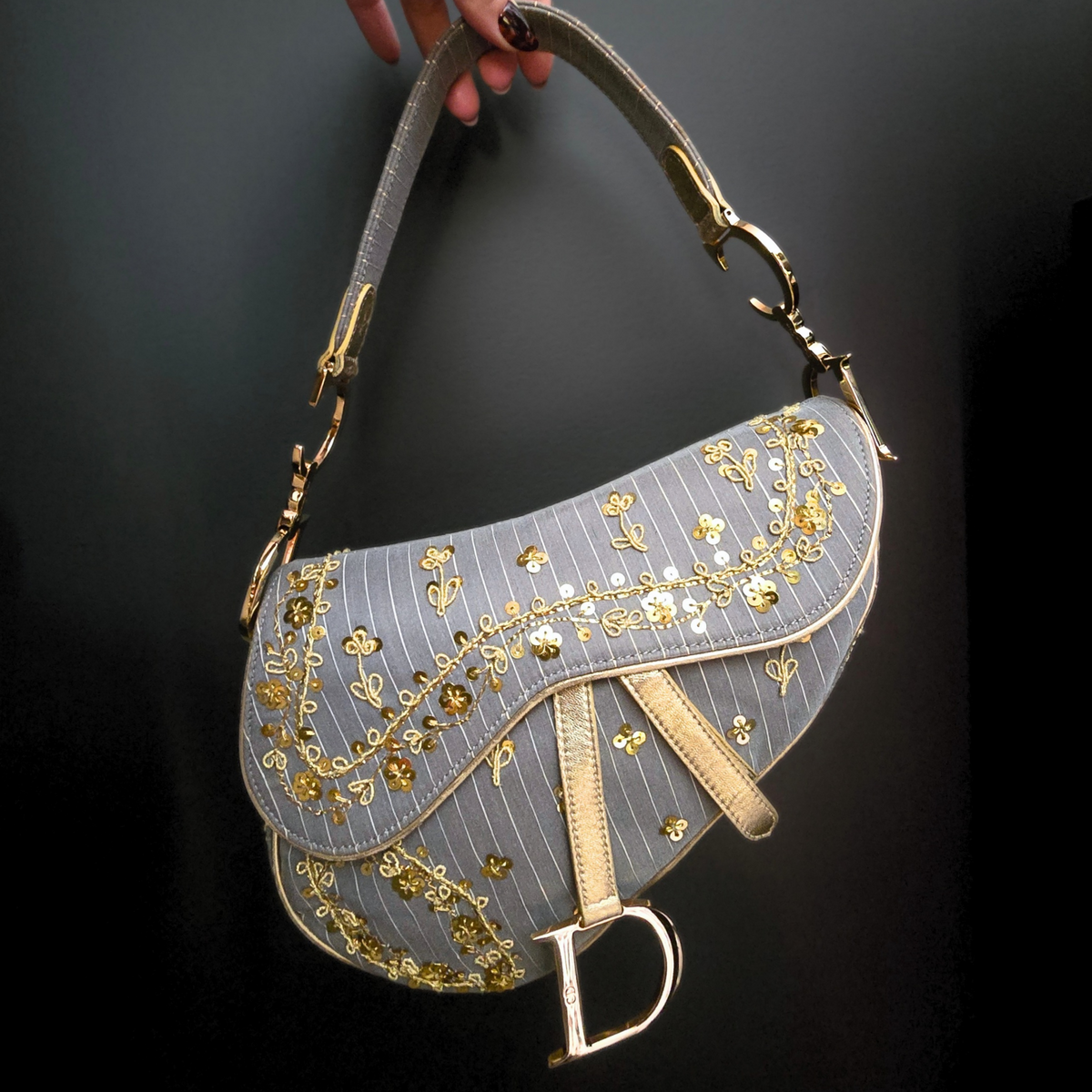 Dior Saddle Bag Limited Edition Pinstripe Sequin Embroidered