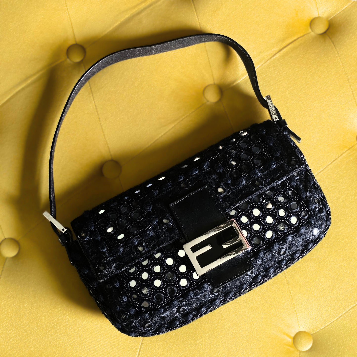Fendi Baguette Mirror Beaded Embroidery Black