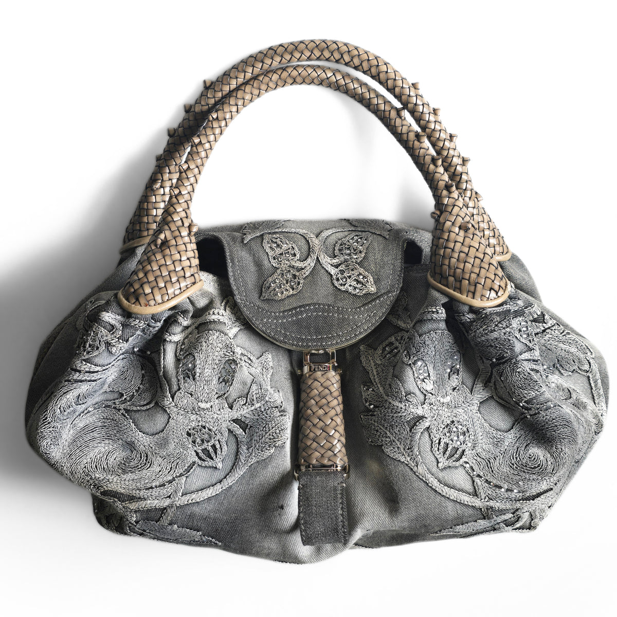Fendi Limited Edition Denim Spy Bag Embroidered Rhinestone Squirrels