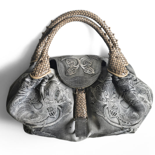 Fendi Limited Edition Denim Spy Bag Embroidered Rhinestone Squirrels