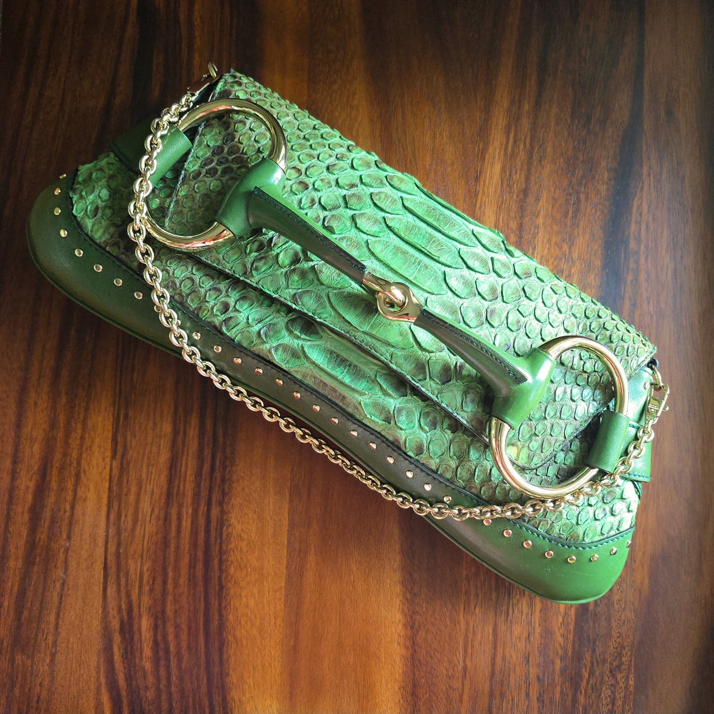 Gucci by Tom Ford Horsebit Clutch Bag XL Green Python Leather