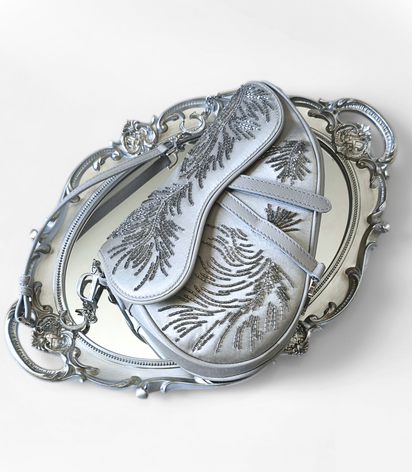 Dior Saddle Bag Limited Edition Beaded Silver Silk