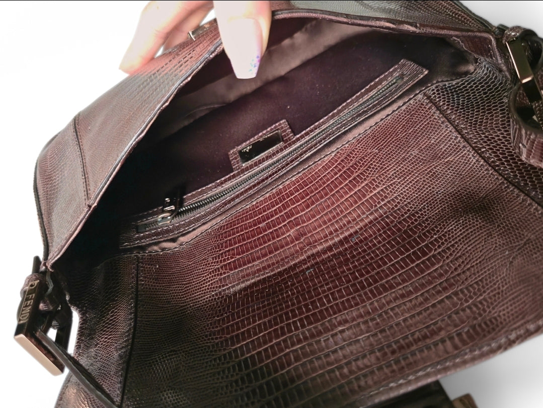 Fendi Baguette Deep Brown Lizard Leather with Lilac Crystal Buckle