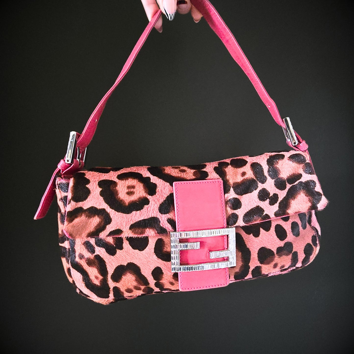 Fendi Baguette Hot Pink Leopard Pony Hair Crystal Buckles