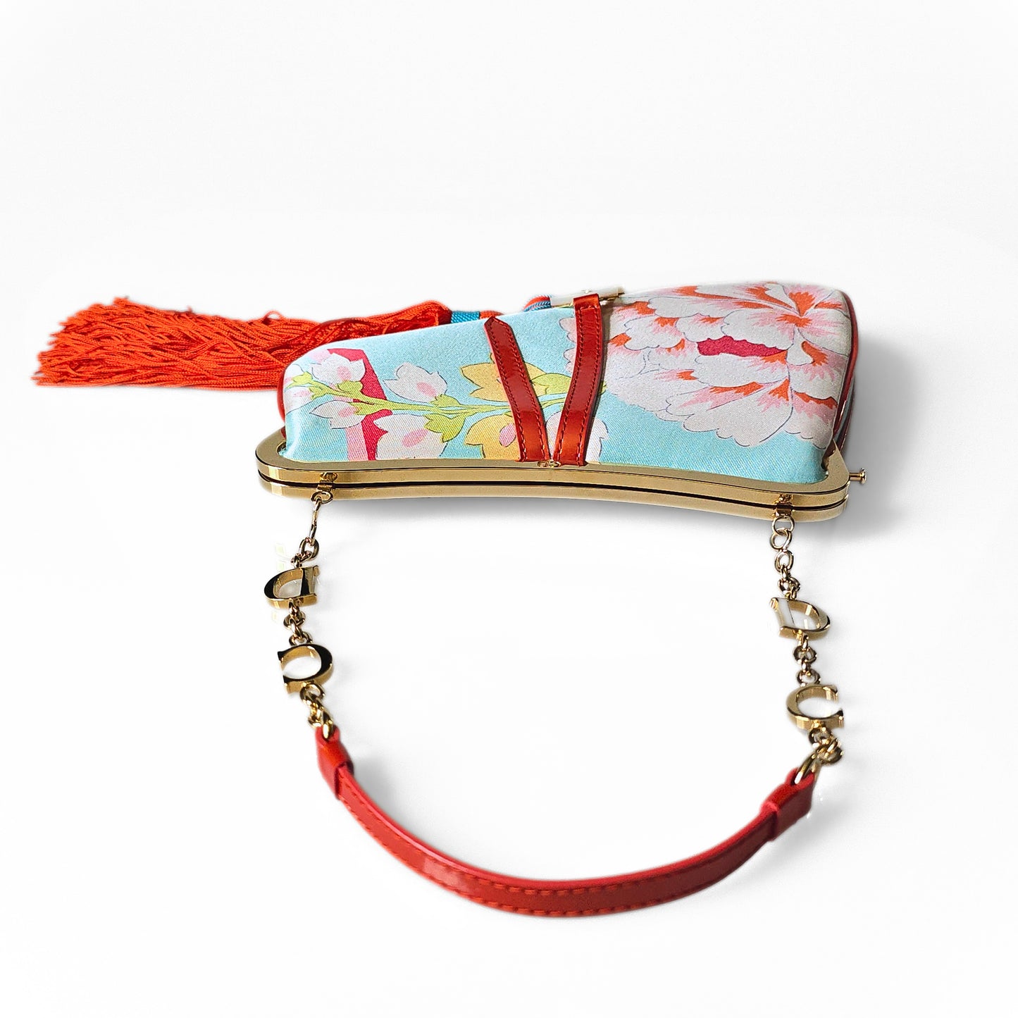 Dior Limited Edition 2003 Runway Floral Print Silk Mini Frame Saddle Bag Front Tassel Detail