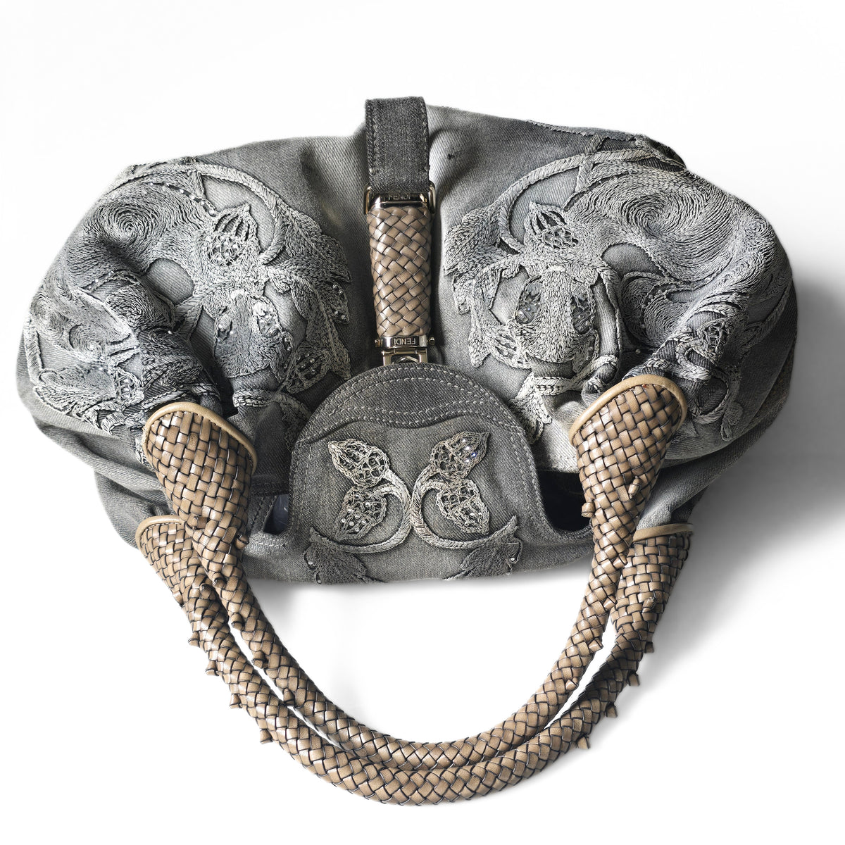 Fendi Limited Edition Denim Spy Bag Embroidered Rhinestone Squirrels