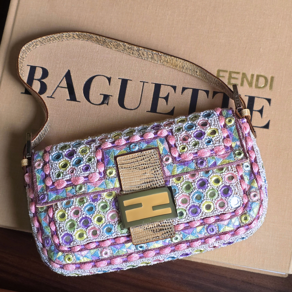 Fendi Baguette Pastels Mirror Embroidered Beaded Lizard Leather Trim