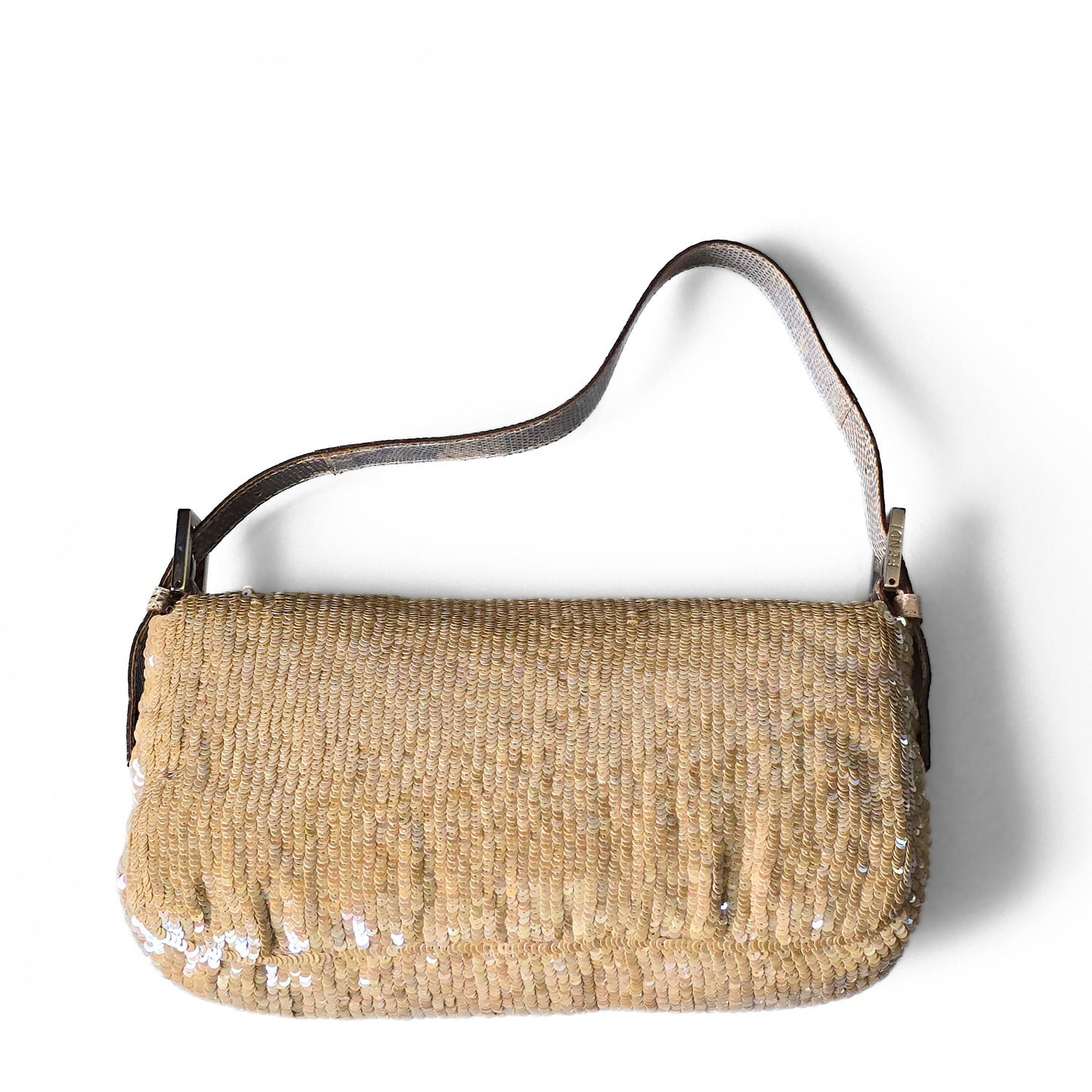Fendi Baguette Nude Iridescent Sequins Lizard Leather Trim Detail