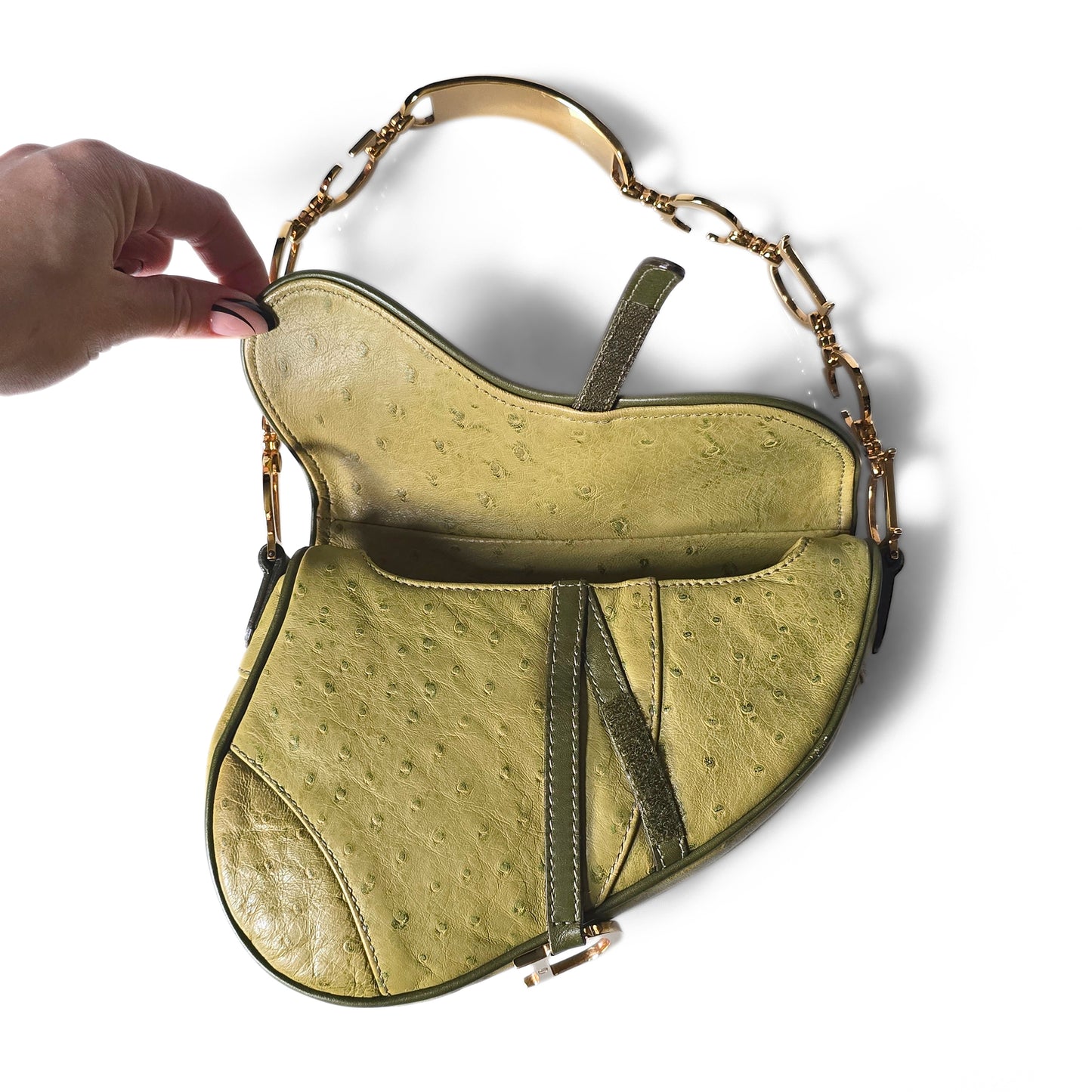 Dior Saddle Bag Green Ostrich Leather C&D Chain Strap Small