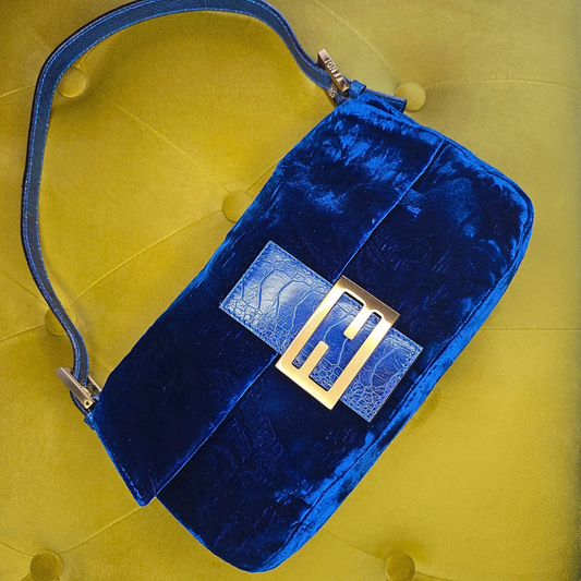Fendi Baguette Crushed Velvet Royal Blue Crocodile Trim