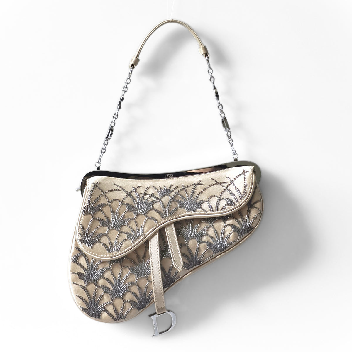 Dior Limited Edition Small Frame Saddle Bag Nude Silk Silver Beading