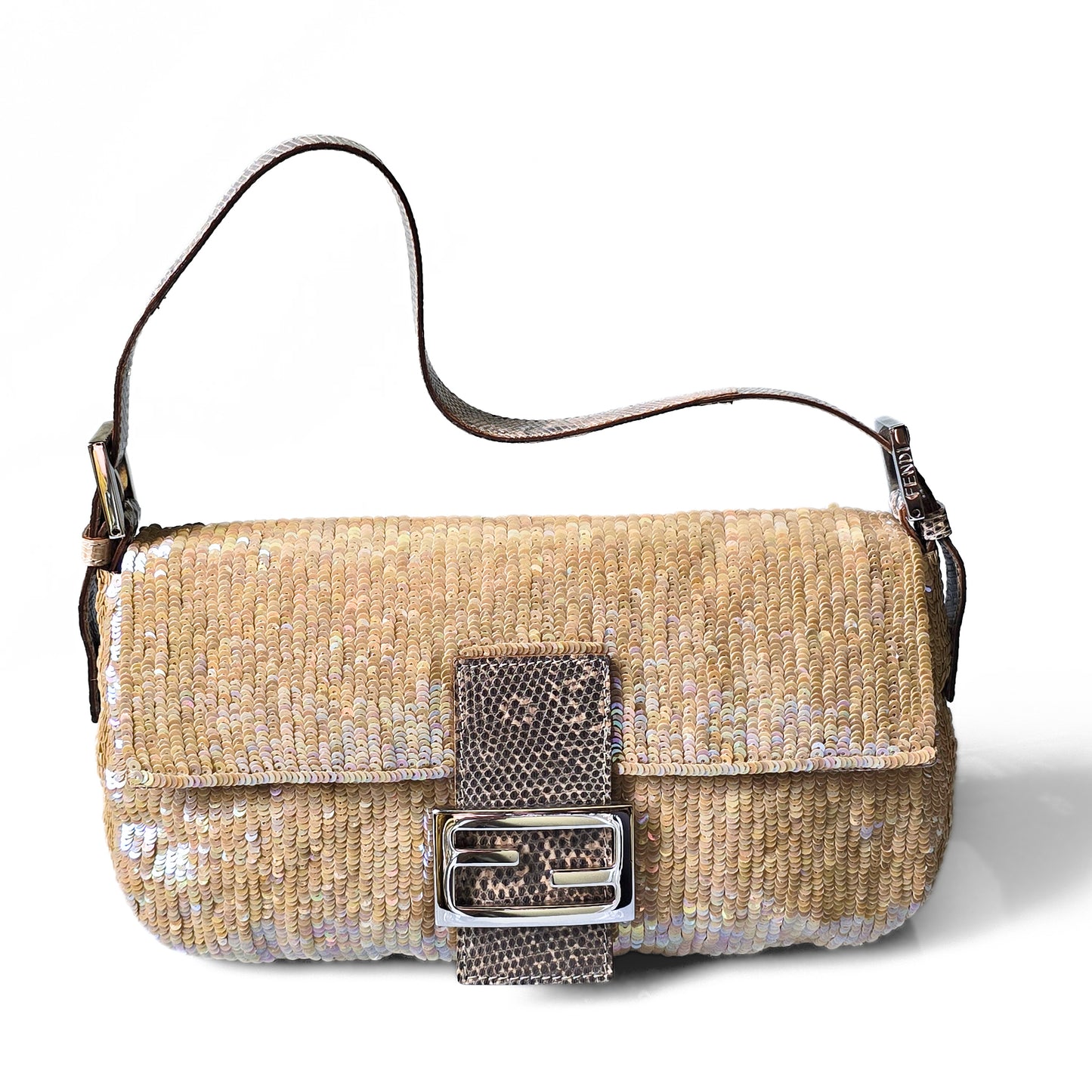 Fendi Baguette Nude Iridescent Sequins Lizard Leather Trim Detail