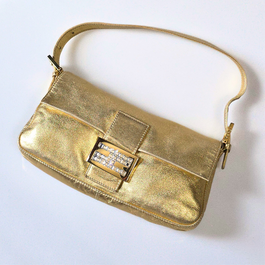 Fendi Baguette Metallic Gold with Crystal Detail