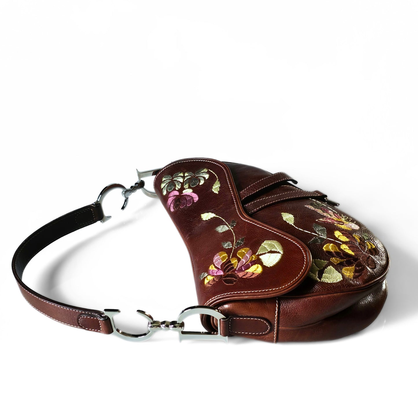 Dior Saddle Bag Floral Butterfly Embroidery Brown Leather