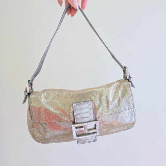 Fendi Baguette Metallic Suede Python Leather