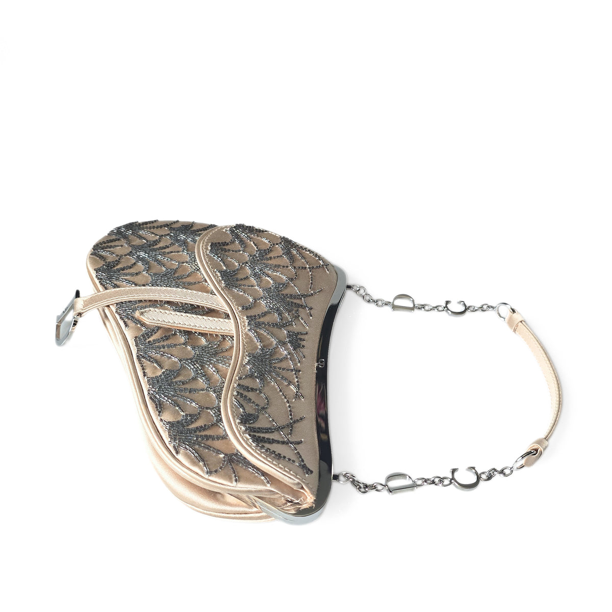 Dior Limited Edition Small Frame Saddle Bag Nude Silk Silver Beading