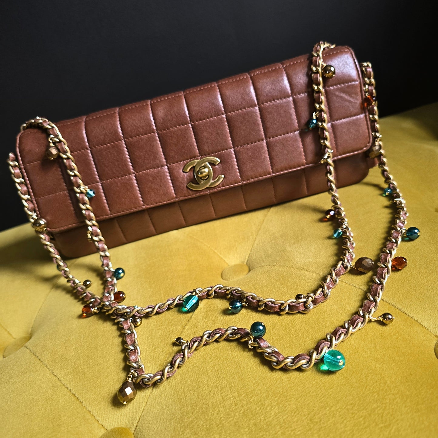 Chanel Chocolate Bar Single Flap Bag Rare Beaded Embellished Chain Strap