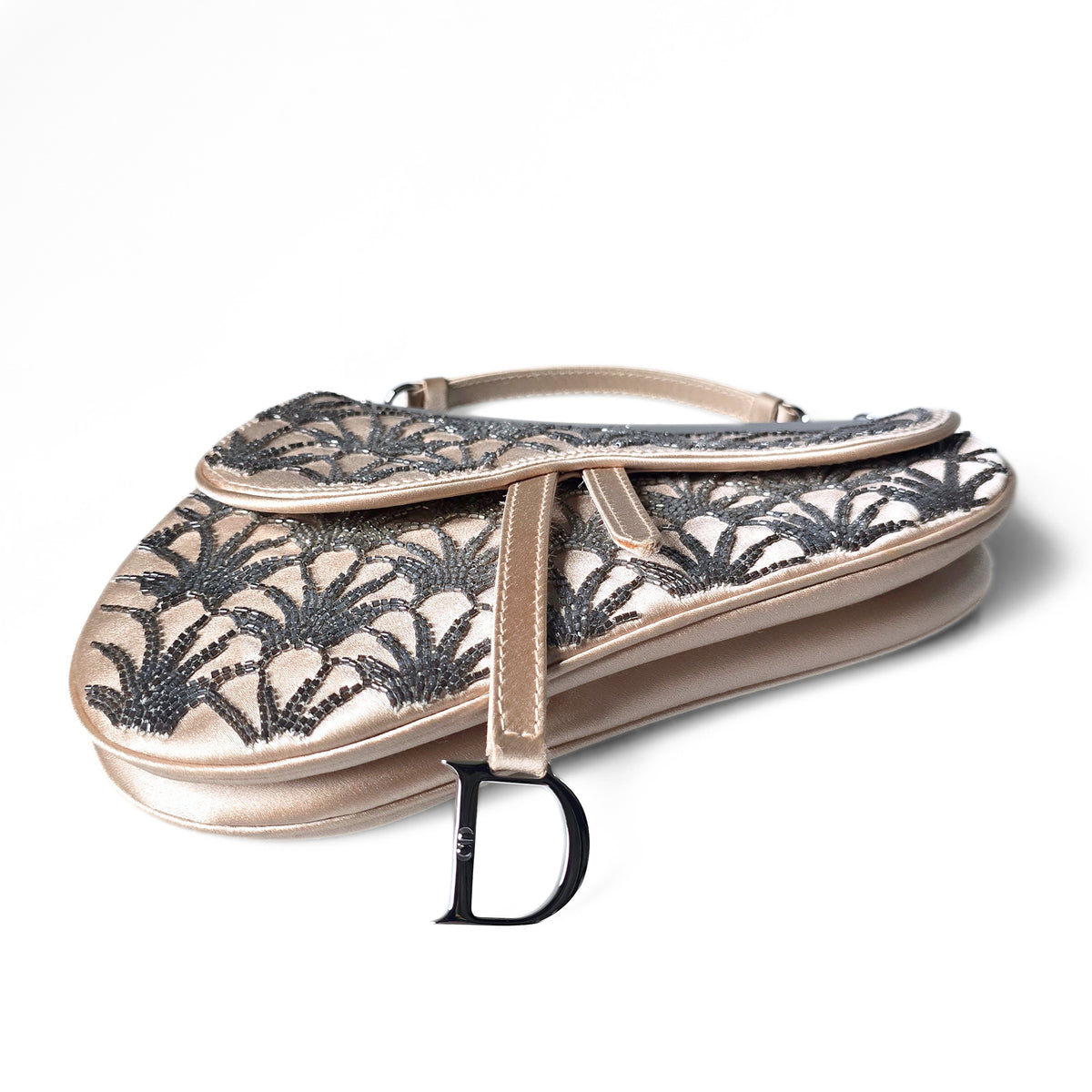 Dior Limited Edition Small Frame Saddle Bag Nude Silk Silver Beading