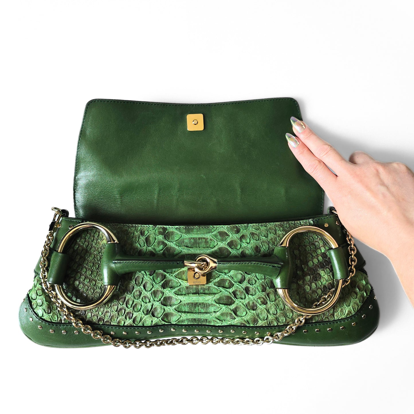 Gucci by Tom Ford Horsebit Clutch Bag XL Green Python Leather