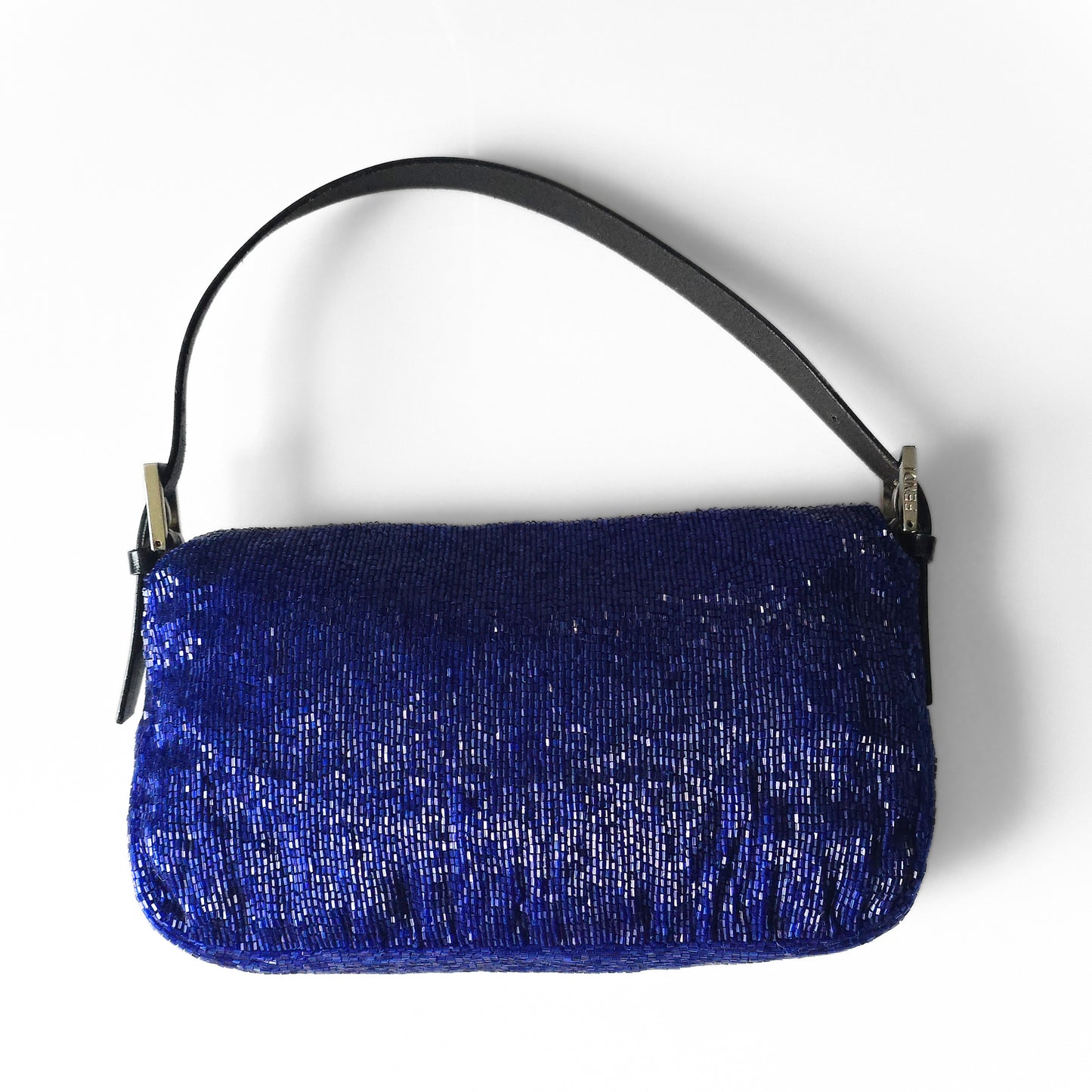 Fendi Baguette Beaded Sapphire Blue Black Leather Detail