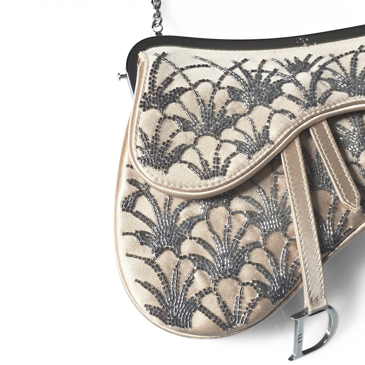 Dior Limited Edition Small Frame Saddle Bag Nude Silk Silver Beading