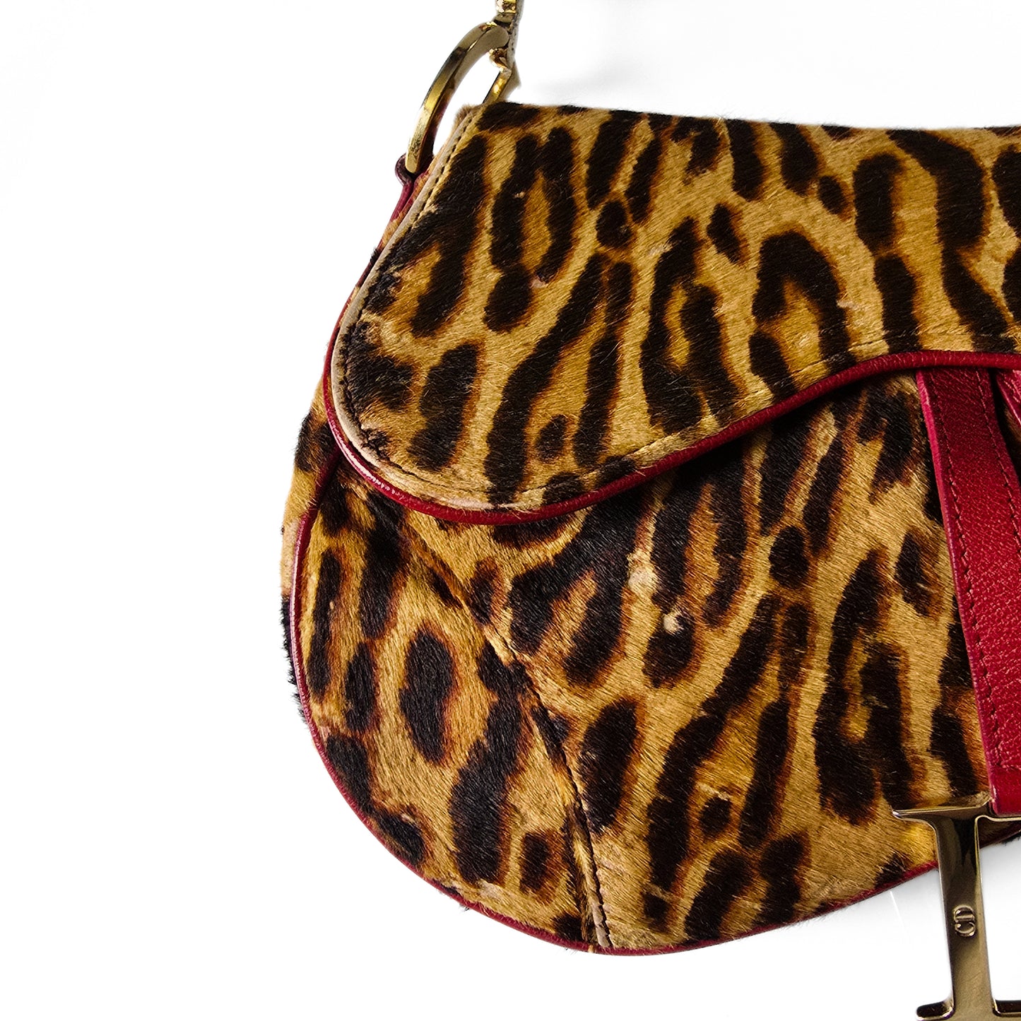 Dior Saddle Bag Leopard Pony-Hair Red Leather Detail