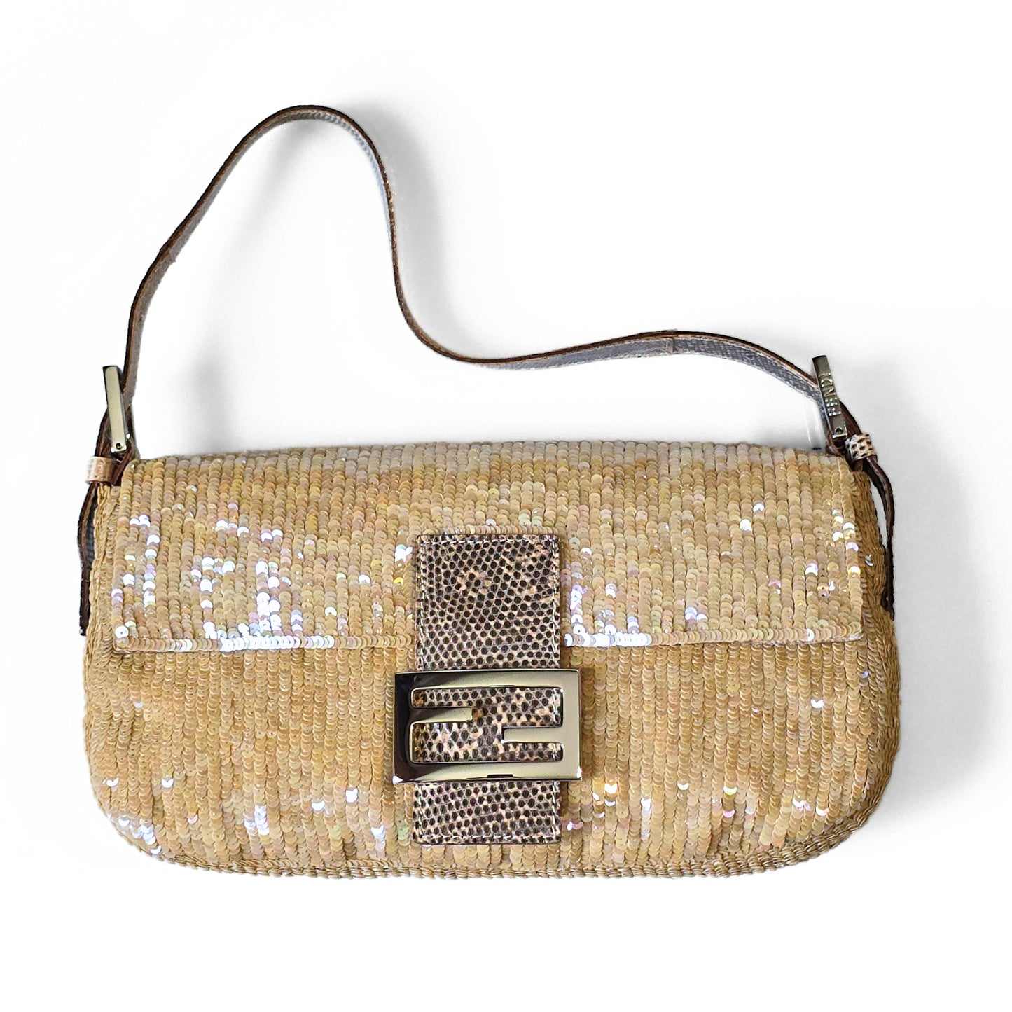 Fendi Baguette Nude Iridescent Sequins Lizard Leather Trim Detail