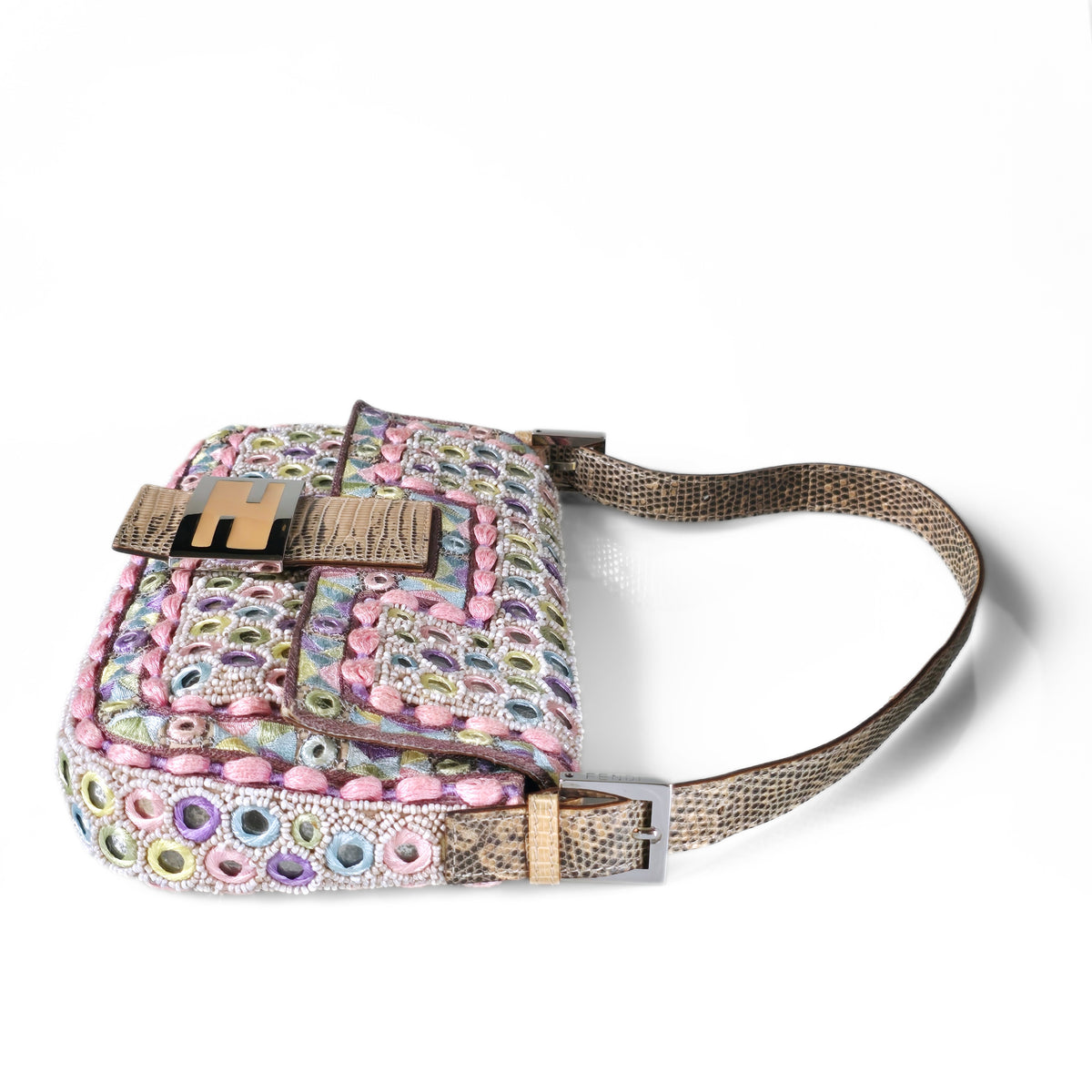 Fendi Baguette Pastels Mirror Embroidered Beaded Lizard Leather Trim